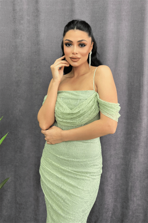 Dantel Kumaş Taş Detaylı Abiye Elbise - YEŞİL - 3