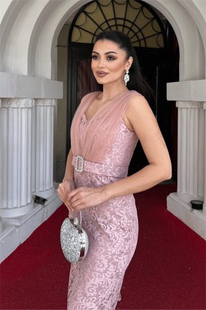 Dantel Kumaş Tül Detaylı Kalem Elbise - PUDRA - 4