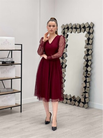 Dantel Kumaş V Yaka Midi Elbise - BORDO - 1