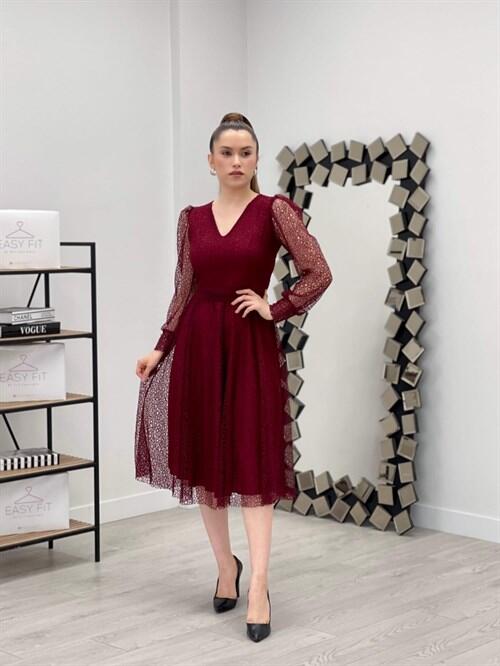 Dantel Kumaş V Yaka Midi Elbise - BORDO - 2