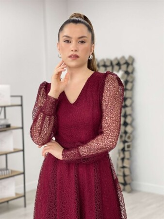 Dantel Kumaş V Yaka Midi Elbise - BORDO - 3