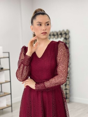 Dantel Kumaş V Yaka Midi Elbise - BORDO - 4