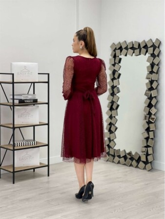Dantel Kumaş V Yaka Midi Elbise - BORDO - 5