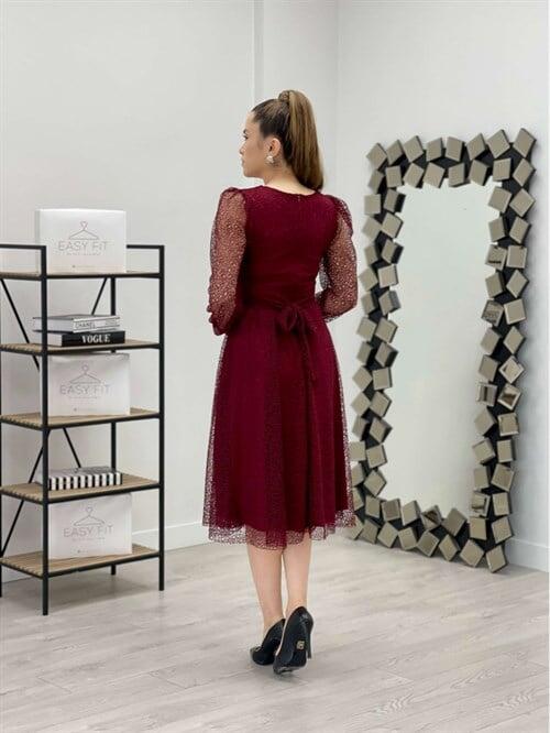 Dantel Kumaş V Yaka Midi Elbise - BORDO - 5