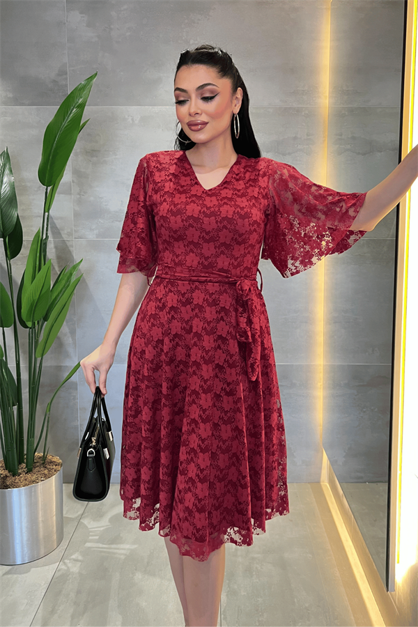 Dantel Kumaş V Yaka Midi Elbise - BORDO - 3