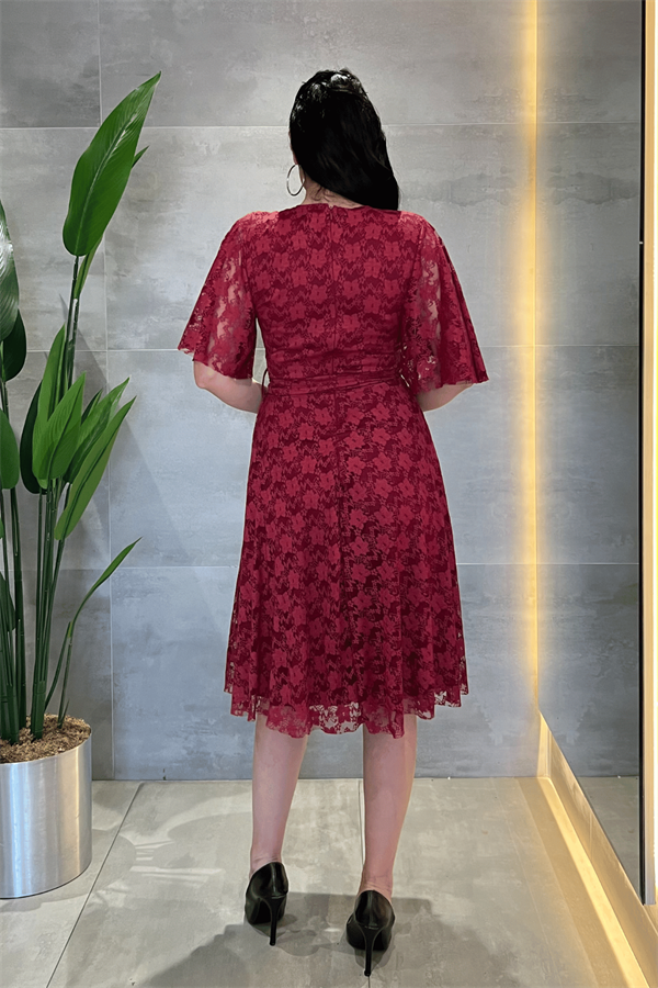 Dantel Kumaş V Yaka Midi Elbise - BORDO - 5