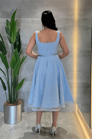 Dantel Payet Kumaş Balen Detaylı Midi Elbise - BEBE MAVİSİ - 5