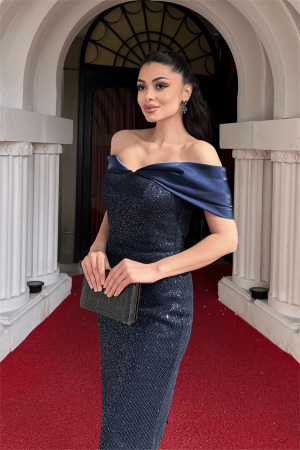 Dantel Payet Kumaş Düşük Omuzlu Kalem Elbise - LACİVERT - 4