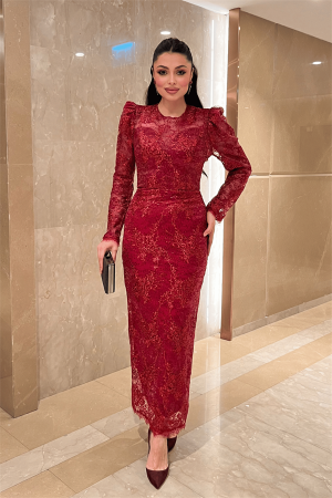 Dantelli Pullu Kumaş Sırt Detaylı Kalem Elbise - KIRMIZI - Angelino Moda (1)