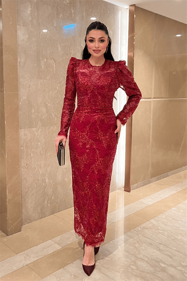 Dantelli Pullu Kumaş Sırt Detaylı Kalem Elbise - KIRMIZI - 2