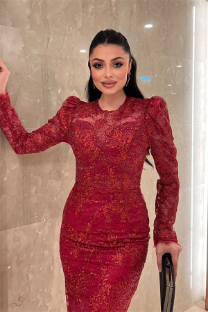 Dantelli Pullu Kumaş Sırt Detaylı Kalem Elbise - KIRMIZI - 4