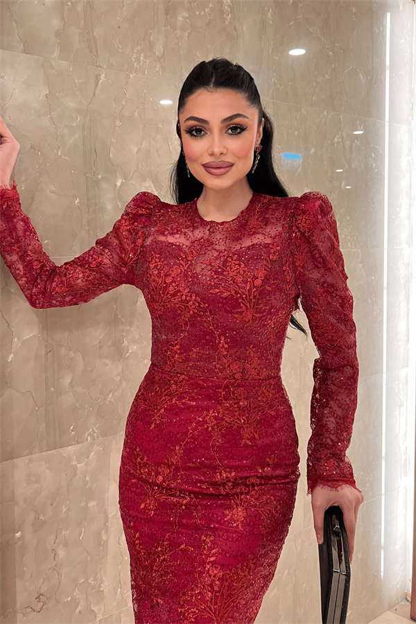 Dantelli Pullu Kumaş Sırt Detaylı Kalem Elbise - KIRMIZI - 4