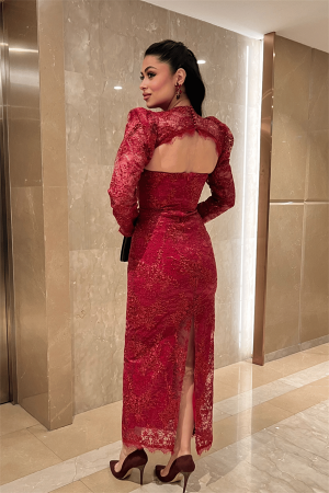 Dantelli Pullu Kumaş Sırt Detaylı Kalem Elbise - KIRMIZI - 5