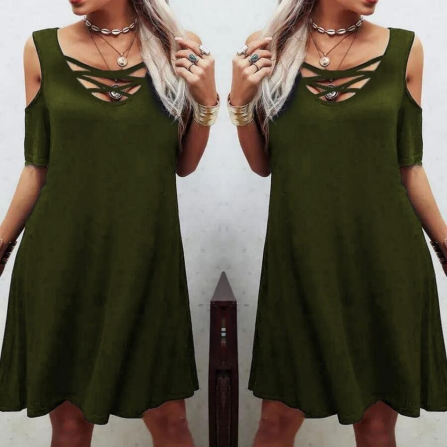 Dekolteli Bağcık Detay Viskon Kumaş Elbise - 2