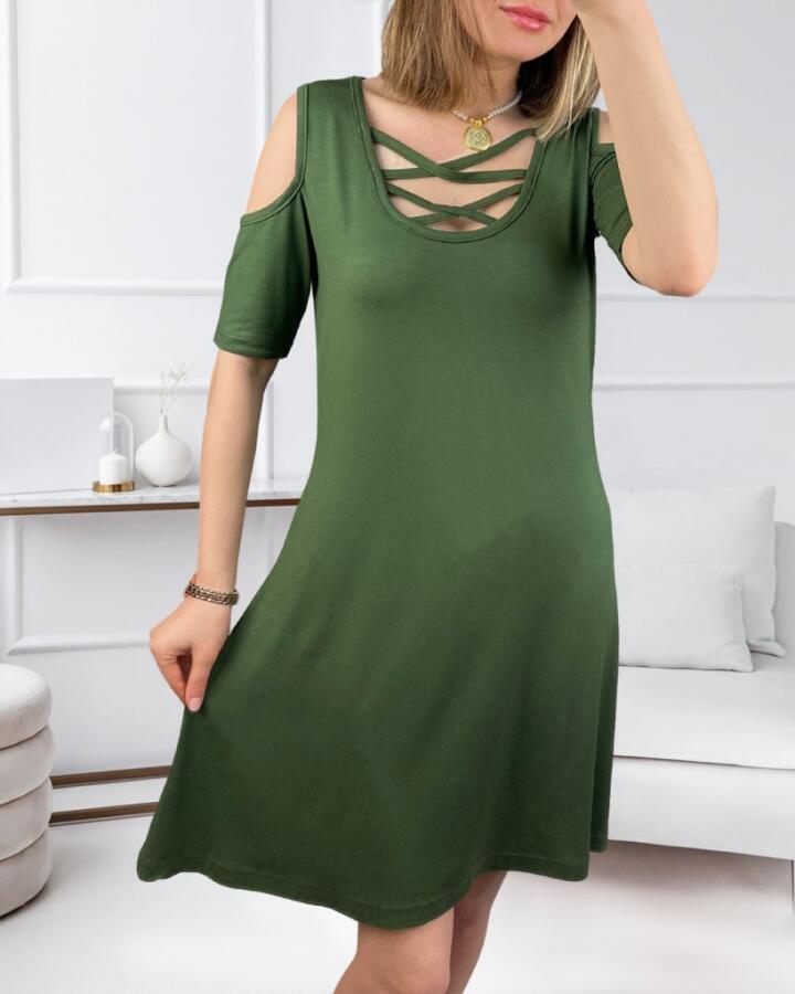 Dekolteli Bağcık Detay Viskon Kumaş Elbise - 4