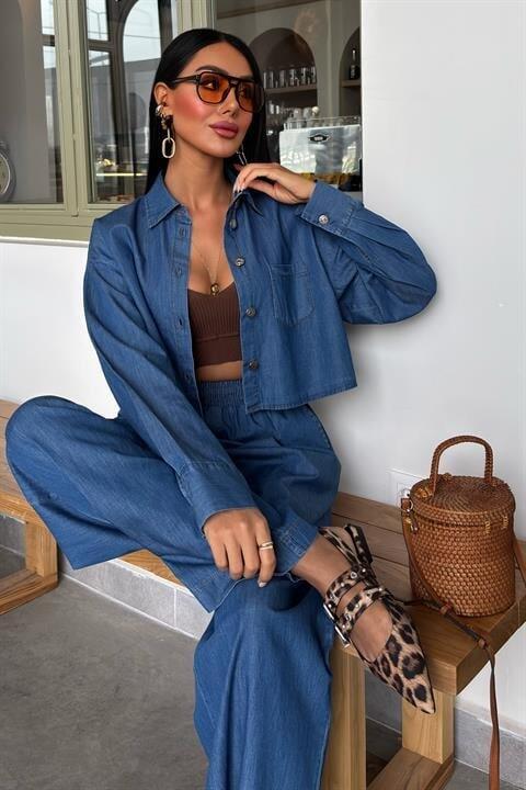Denim Gömlek Plazzo Pantolon Takım 10163-08 - 2