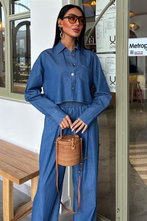 Denim Gömlek Plazzo Pantolon Takım 10163-08 - 5