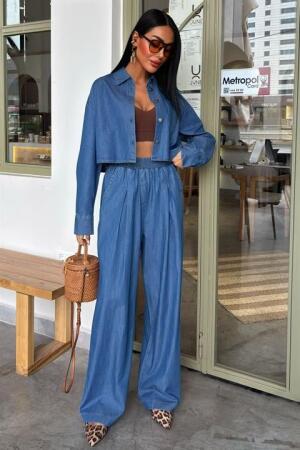 Denim Gömlek Plazzo Pantolon Takım 10163-08 - ANGELINO BuyukBedeniz