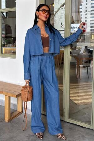 Denim Gömlek Plazzo Pantolon Takım 10163-08 - 6