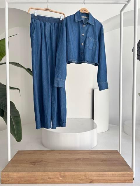 Denim Gömlek Plazzo Pantolon Takım 10163-08 - 10