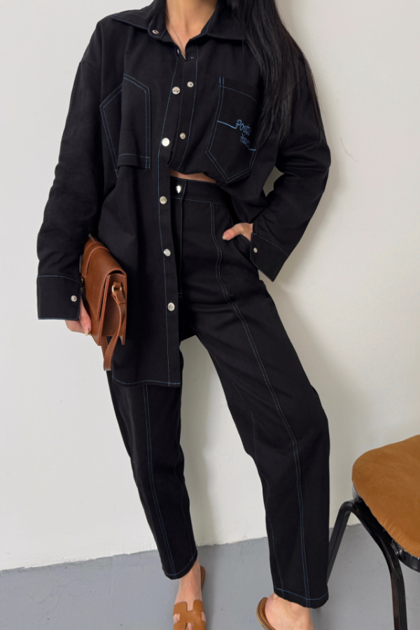 DENİM PUNTOLU GÖMLEK-PANTOLON TAKIM - Mavi - 2