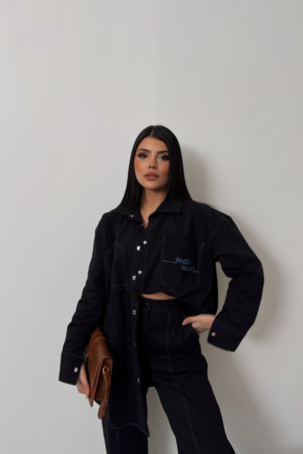 DENİM PUNTOLU GÖMLEK-PANTOLON TAKIM - Mavi - 3