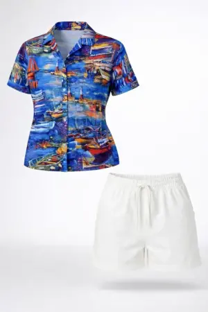 Deniz Temalı Desenli Kısa Kol Gömlek Şort Takım Yazlık Rahat Kalıp - Desenli - 2