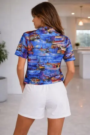 Deniz Temalı Desenli Kısa Kol Gömlek Şort Takım Yazlık Rahat Kalıp - Desenli - 3