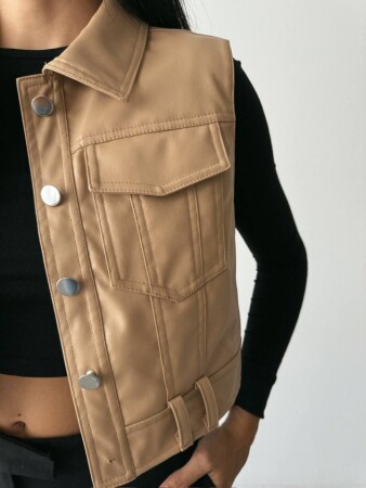DERİ CROP YELEK - Bej - 3