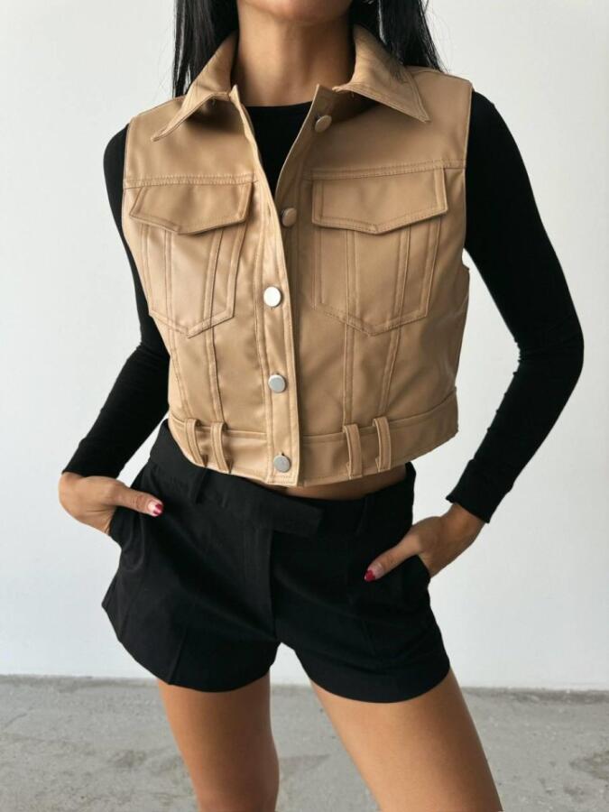 DERİ CROP YELEK - Bej - 4