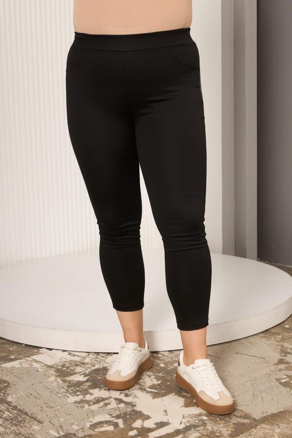 Deri Garnili Büyük Beden Siyah Tayt Pantolon - 3