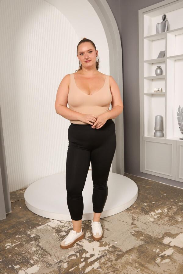 Deri Garnili Büyük Beden Siyah Tayt Pantolon - 5