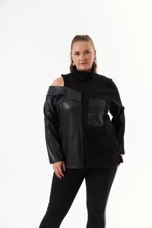 Deri Garnili Siyah Büyük Beden Sweatshirt - 1