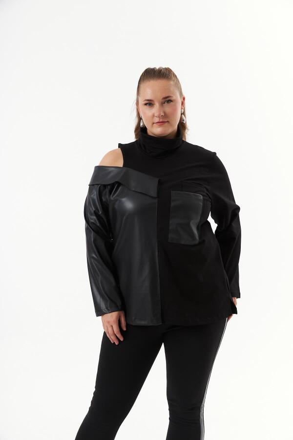 Deri Garnili Siyah Büyük Beden Sweatshirt - 1