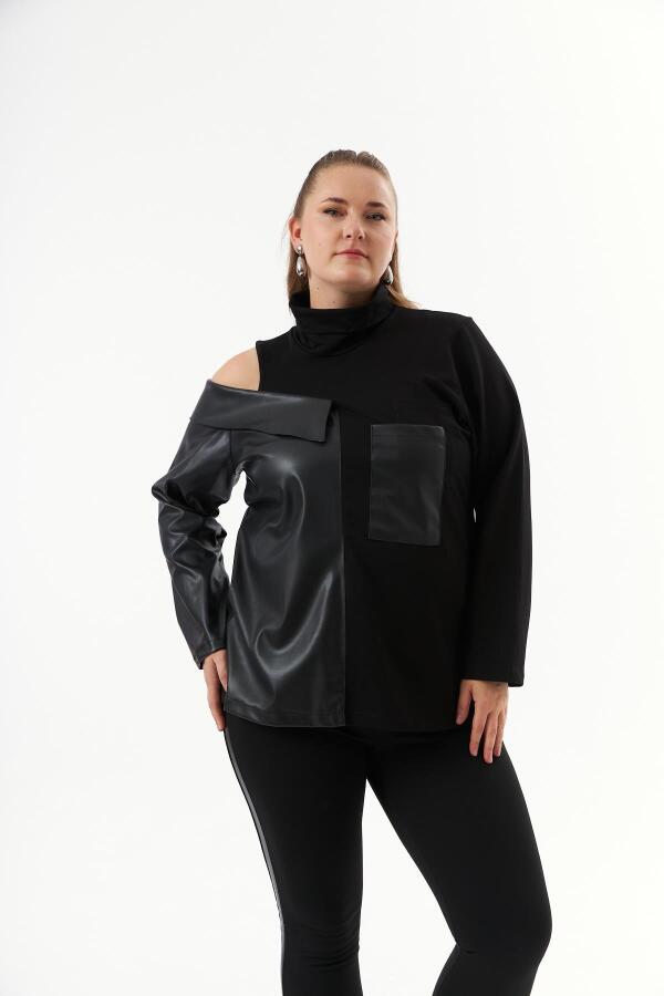 Deri Garnili Siyah Büyük Beden Sweatshirt - 3