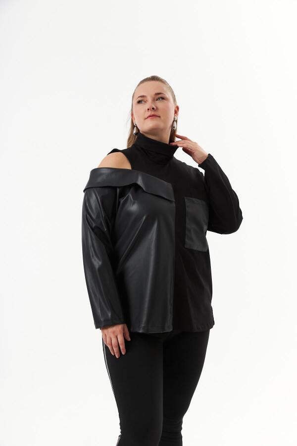 Deri Garnili Siyah Büyük Beden Sweatshirt - 4