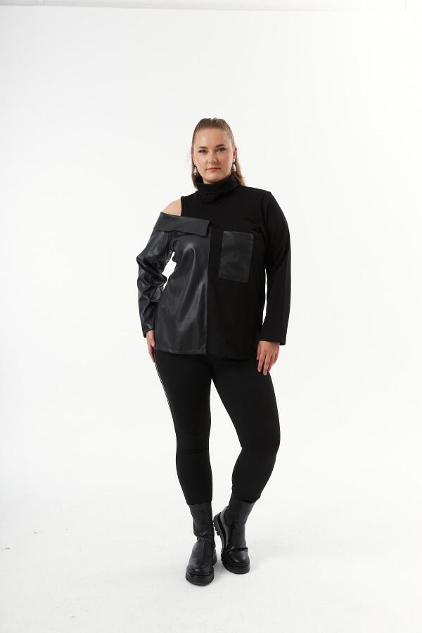 Deri Garnili Siyah Büyük Beden Sweatshirt - 5
