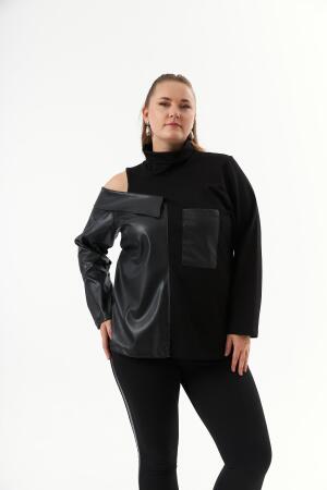 Deri Garnili Siyah Büyük Beden Sweatshirt - 3