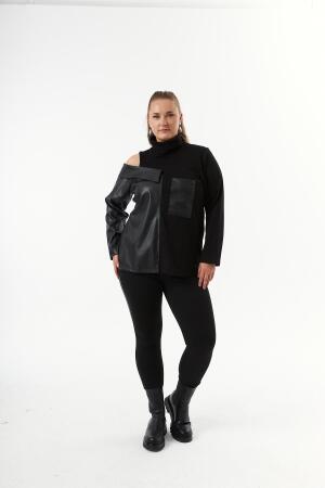Deri Garnili Siyah Büyük Beden Sweatshirt - 5