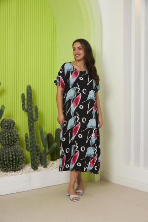 Desenli Büyük Beden Günlük Fuşya Elbise - 1