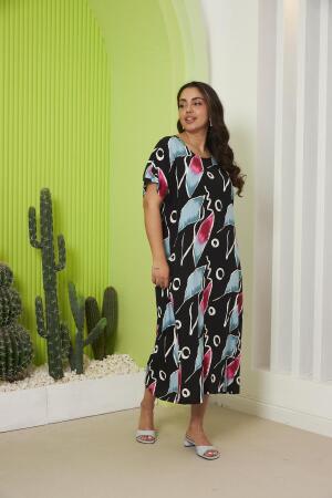 Desenli Büyük Beden Günlük Fuşya Elbise - 2