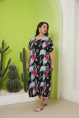 Desenli Büyük Beden Günlük Fuşya Elbise - 3