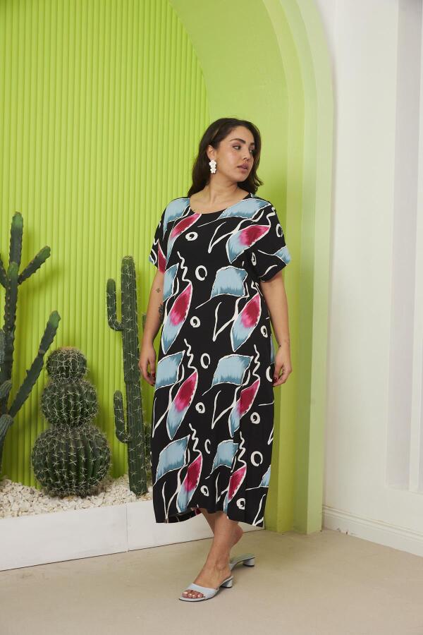 Desenli Büyük Beden Günlük Fuşya Elbise - 3