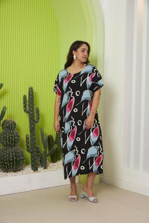 Desenli Büyük Beden Günlük Fuşya Elbise - 4