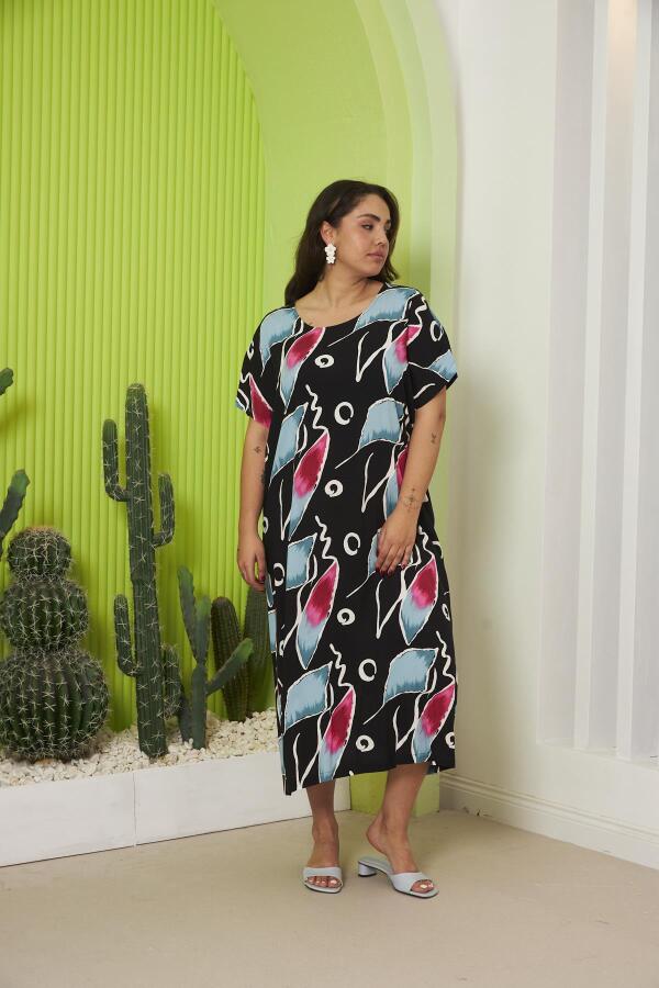 Desenli Büyük Beden Günlük Fuşya Elbise - 4