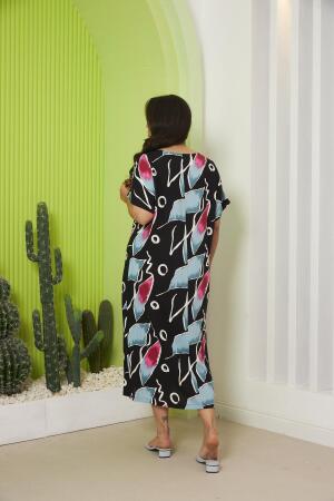 Desenli Büyük Beden Günlük Fuşya Elbise - 5