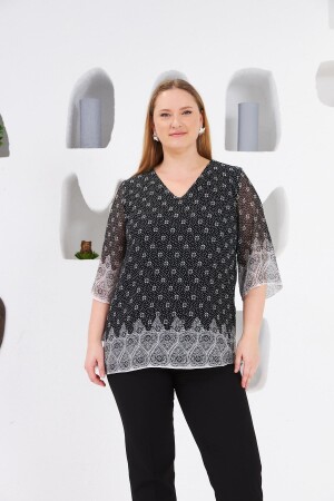 Desenli Büyük Beden İçi Astarlı Bluz Siyah - 1