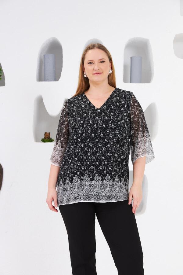 Desenli Büyük Beden İçi Astarlı Bluz Siyah - 1