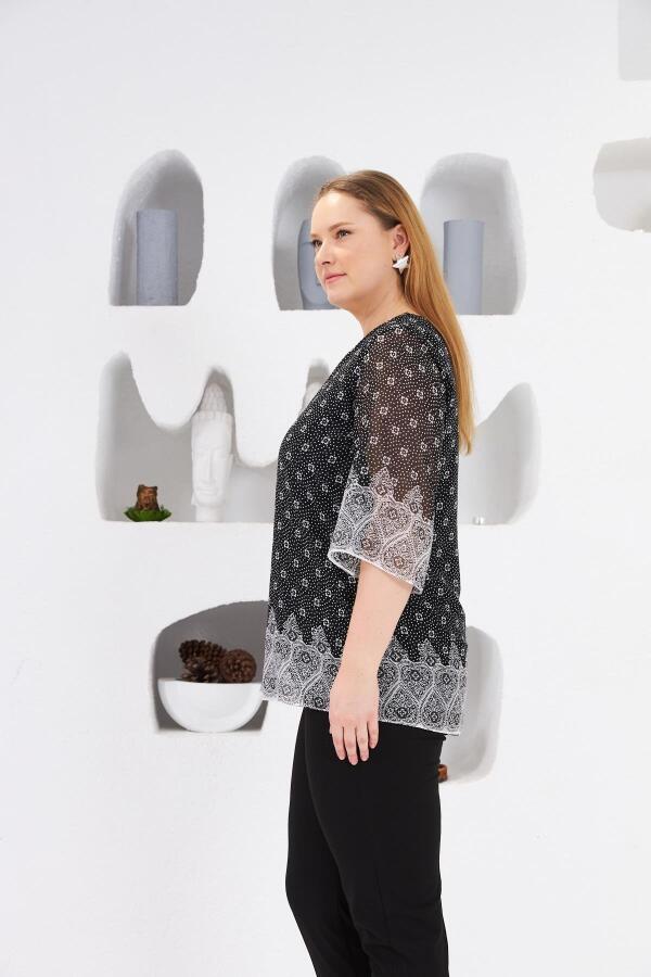 Desenli Büyük Beden İçi Astarlı Bluz Siyah - 2