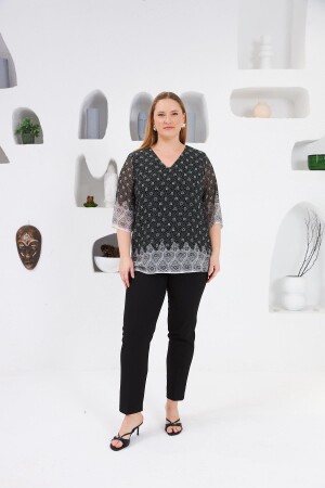 Desenli Büyük Beden İçi Astarlı Bluz Siyah - 4